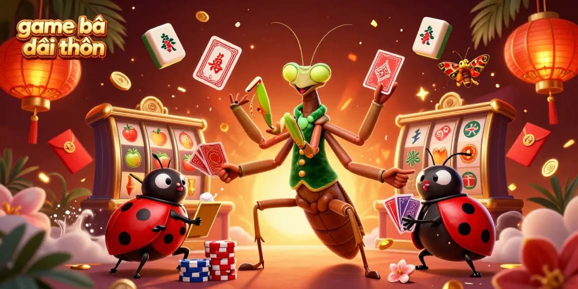 Engage in thrilling game bài đổi thưởng with a vibrant casino scene featuring a playful mantis dealer.