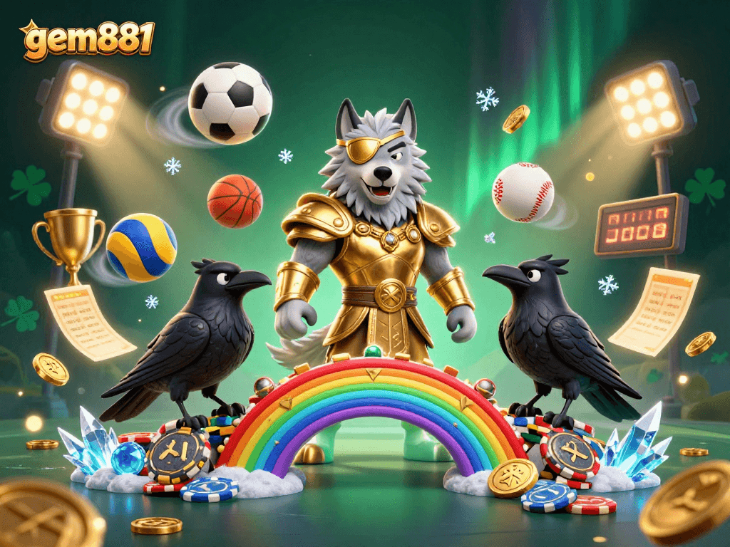 Experience thrilling action with gem881 in this vibrant 3D casino scene featuring Odin and dynamic sports elements.