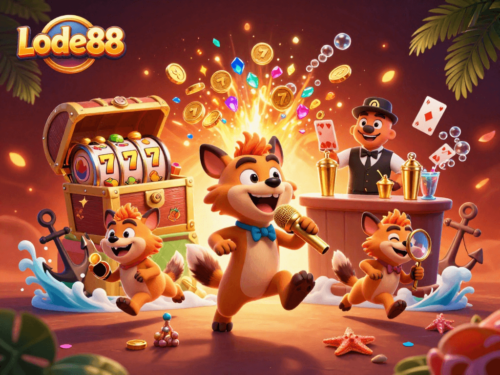 Join the laughter at Lode88 casino with hyenas mixing drinks, telling jokes, and overseeing fun!