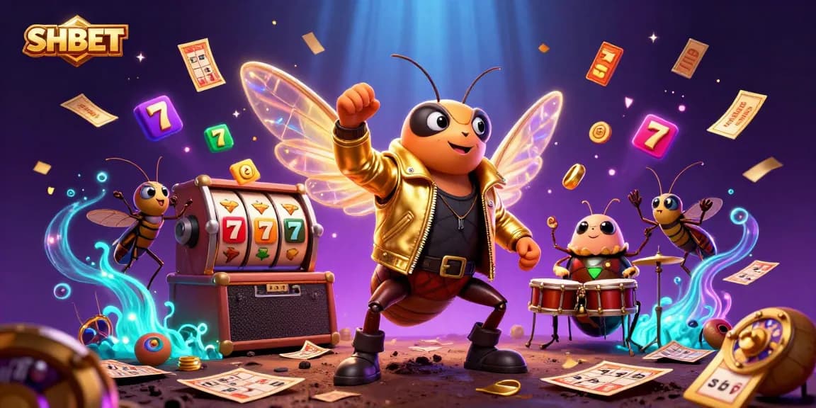 Experience vibrant SHBET gaming with an energized scene of cartoon rock stars and casino elements.