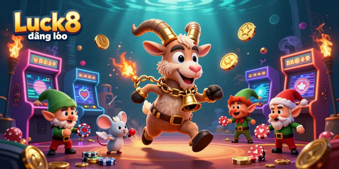 Experience the thrill of Luck8 đăng nhập in a vibrant, festive casino scene featuring cartoon characters and dynamic gaming elements.