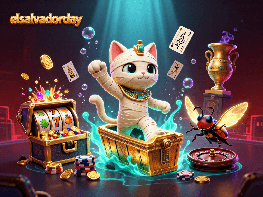 Experience excitement with elsalvadorday as the Egyptian mummy cat plays thrilling slots in a pyramid casino.