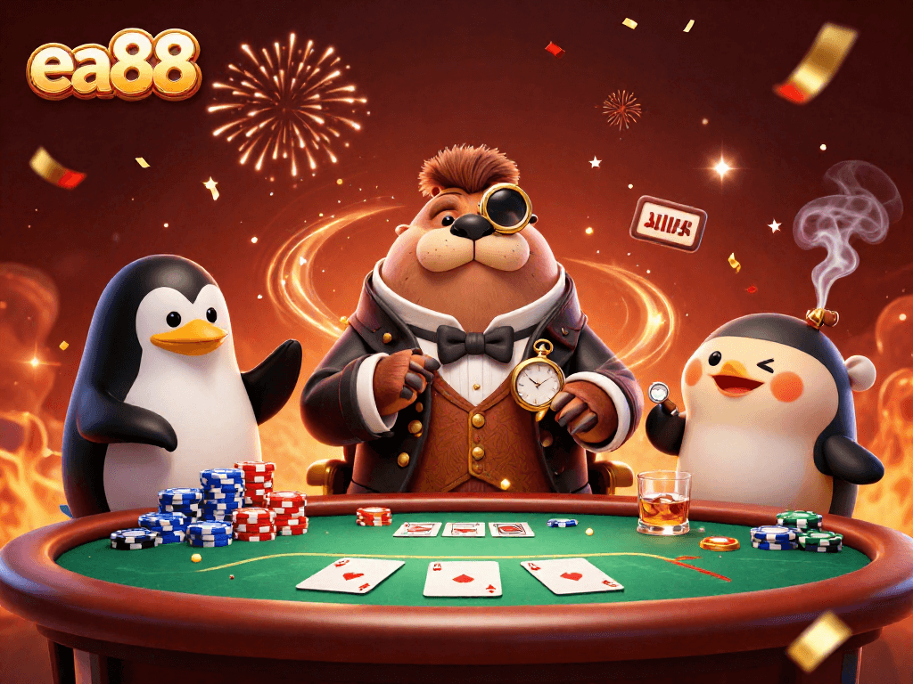 Play poker at ea88 with a jolly walrus and strategic pufferfish in an underwater scene.