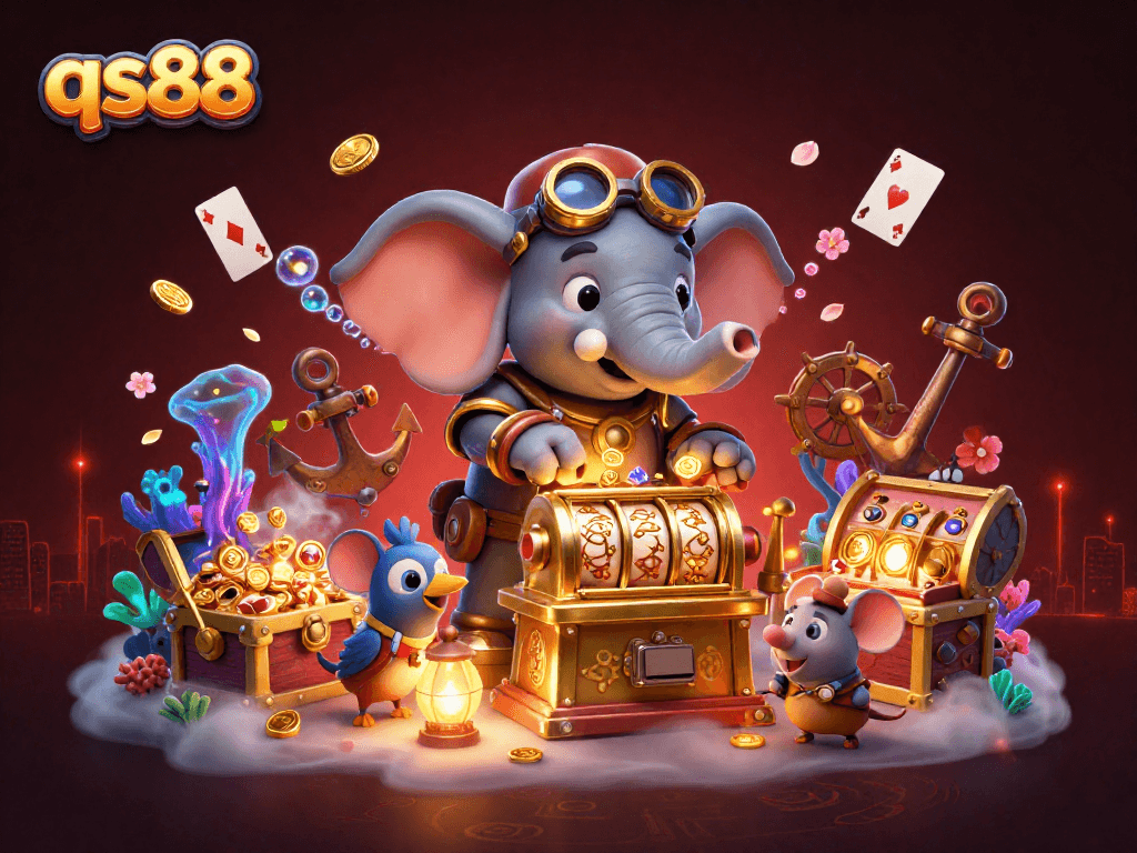 Engage in the thrilling world of qs88, where steampunk characters conquer vibrant slot machines amidst treasures and glowing elements.