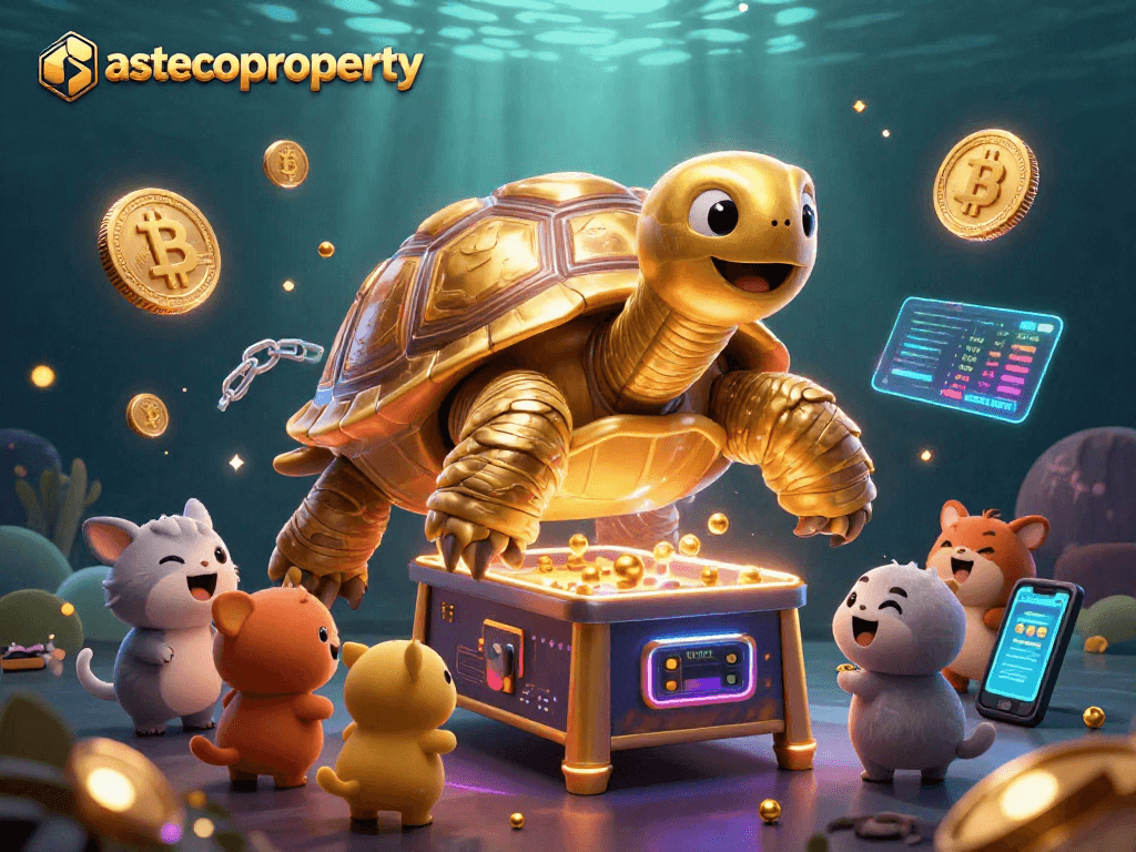 Experience the thrilling gaming adventure at astecoproperty's vibrant casino illustration featuring enthusiastic characters and crypto elements.
