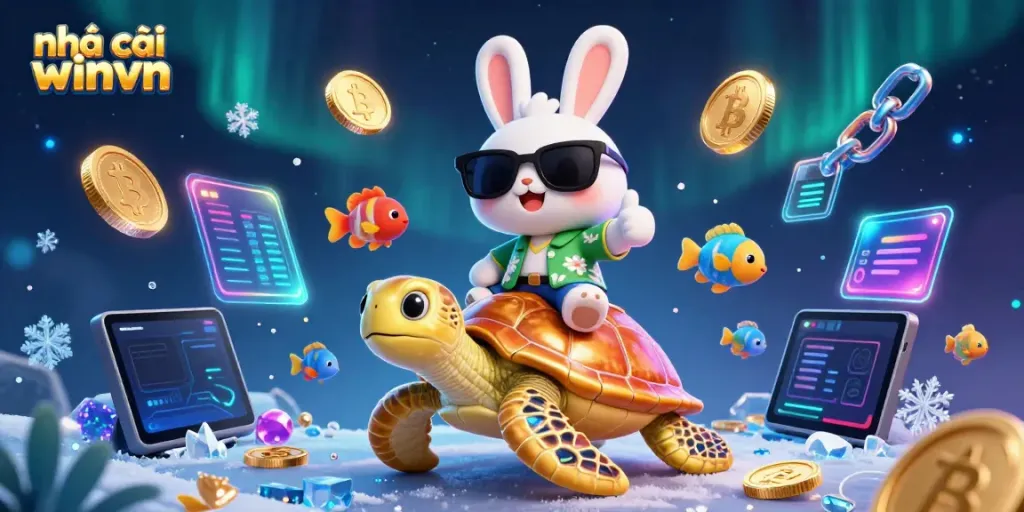 Join the fun at nhà cái winvn with an enchanting cartoon scene featuring a rabbit and turtle in a casino-themed paradise.