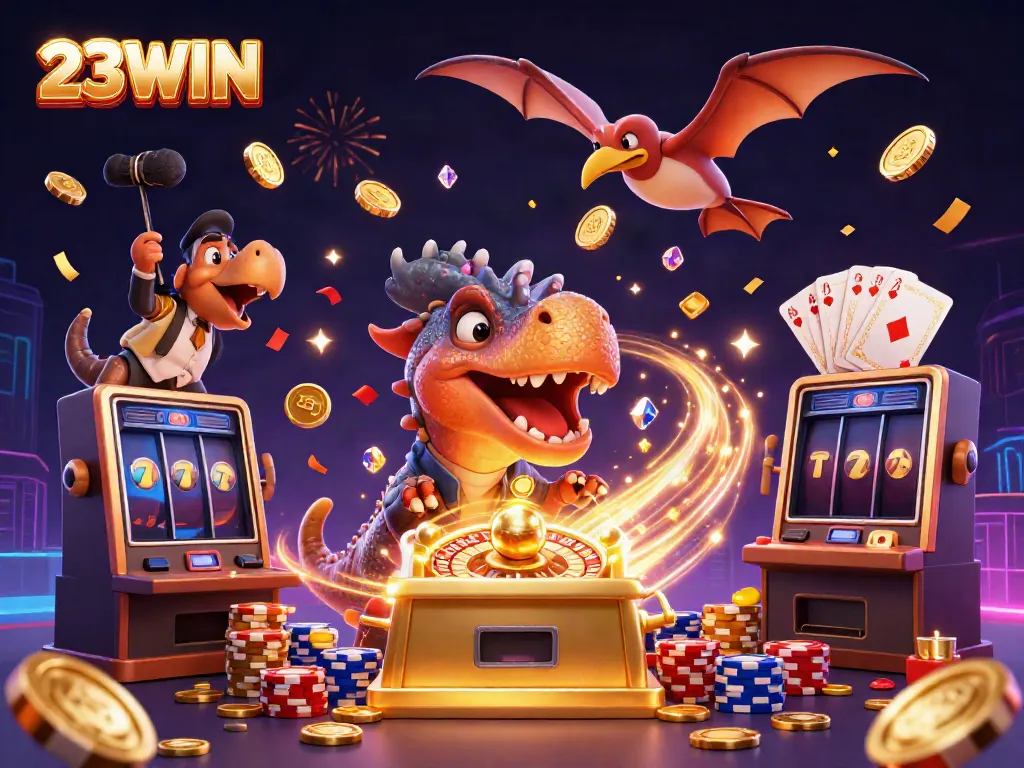Experience a thrilling moment at the casino with 23WIN featuring playful dinosaur characters and festive elements.
