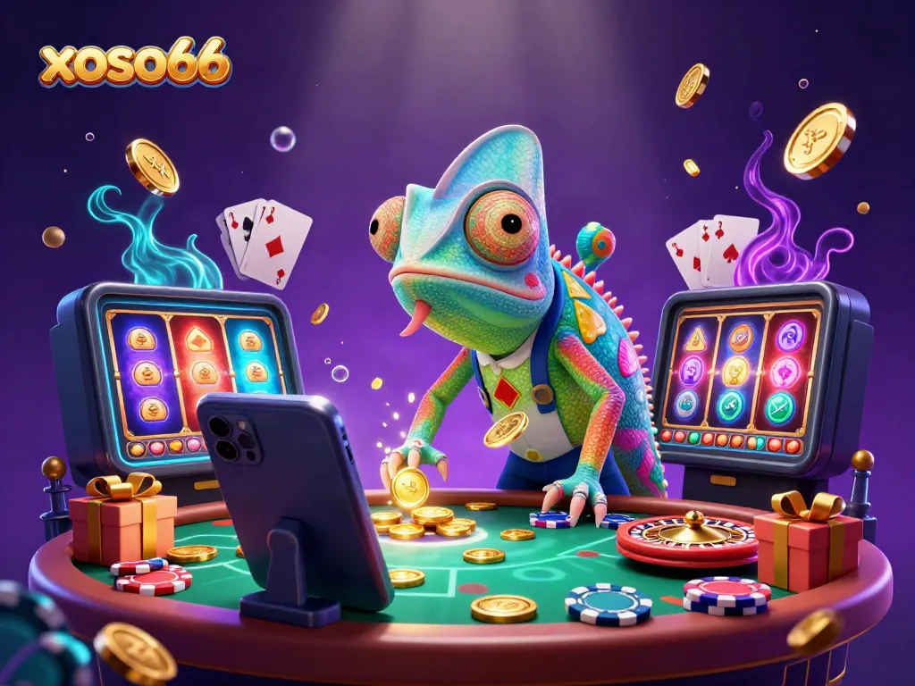 Catch exciting wins at xoso66 with vibrant 3D casino elements and an engaging chameleon character!