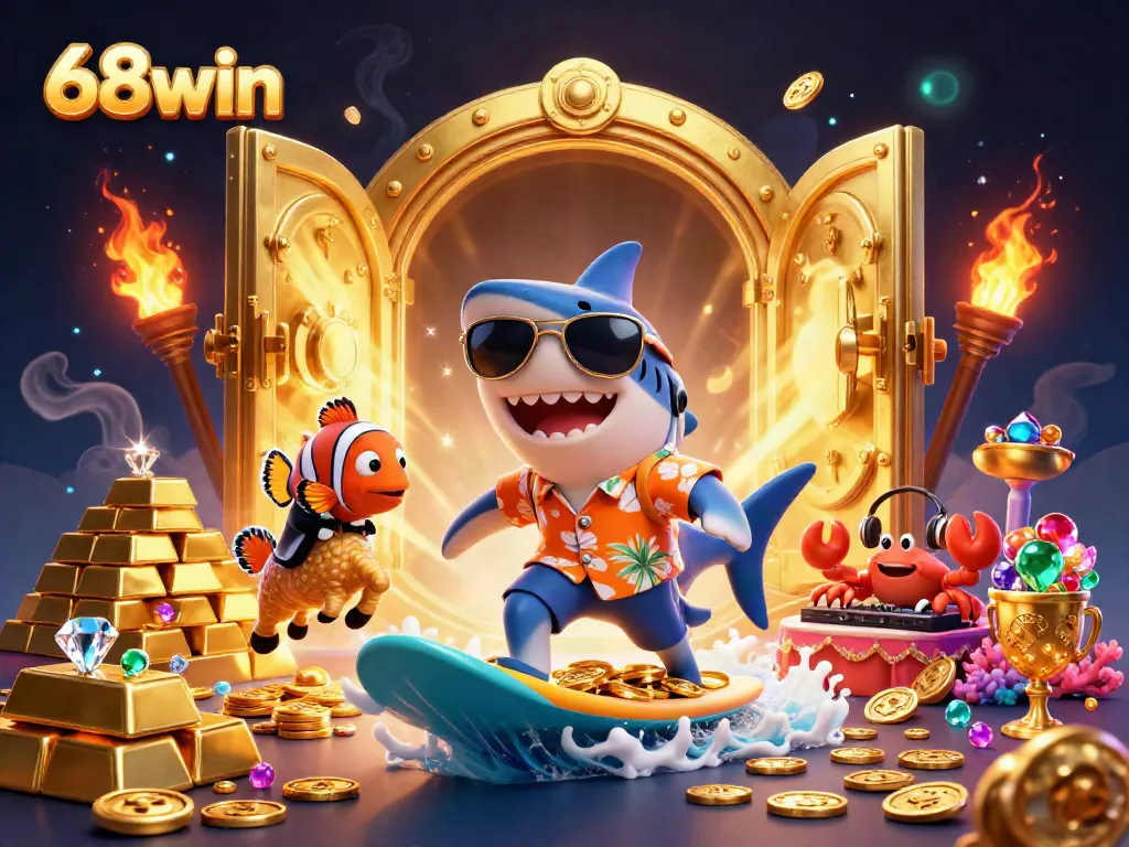 Experience thrilling games at 68win with cartoon characters celebrating on a treasure wave.
