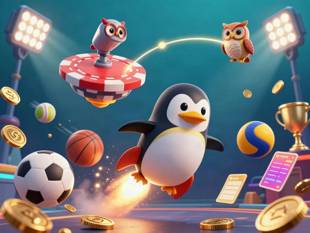 Experience the thrill with kk55 as a golden penguin races toward a vibrant casino space station, surrounded by flying sports elements.