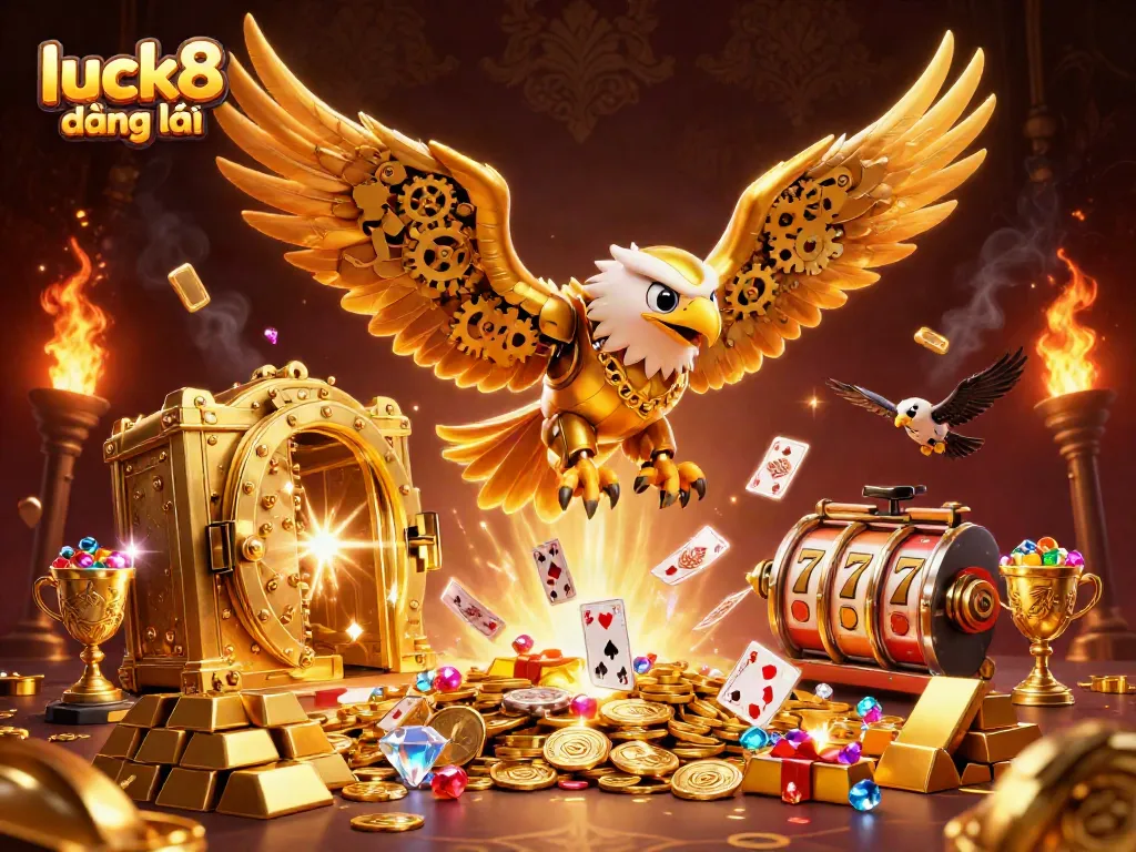 Experience seamless luck8 đăng nhập with an enthralling illustration of a cybernetic eagle diving through holographic cards in a gold-rich casino.
