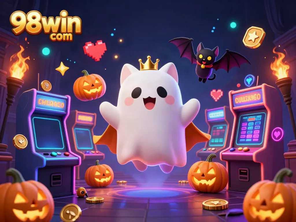 Engage with 98win com in a vibrant 3D casino scene filled with playful ghost characters and gaming elements.