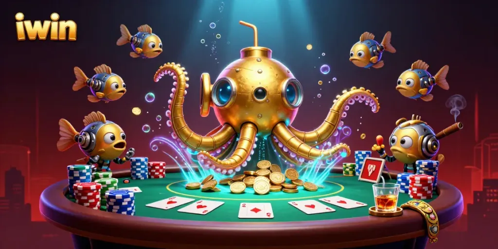 Engage with iwin's exciting poker scene featuring a golden kraken submarine amidst vibrant casino elements.
