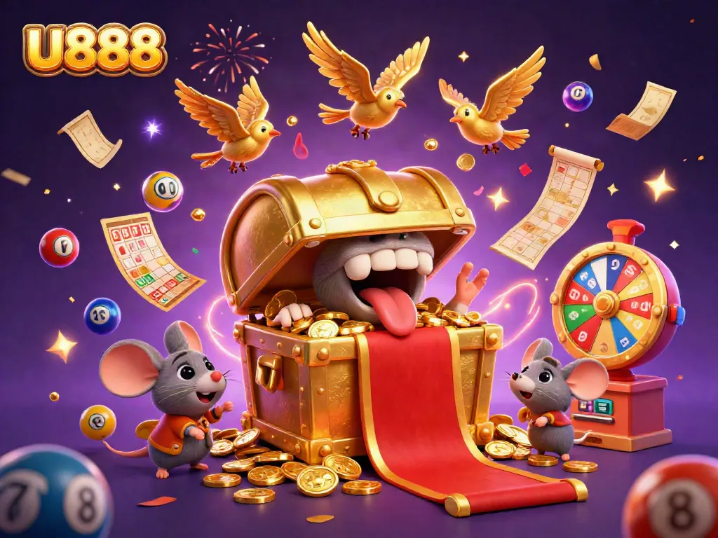 Win big with U888 in this vibrant casino scene filled with colorful lottery elements