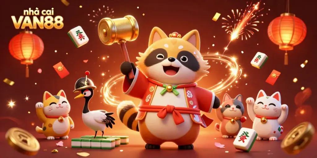Engage with nhà cái VAN88 through a cheerful tanuki and samurai crane in an exciting casino festival.