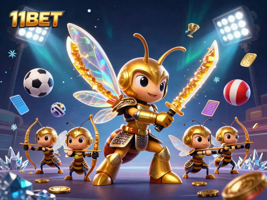 Engage with 11BET's dynamic casino world featuring a golden hornet in samurai armor amidst vibrant sports elements.