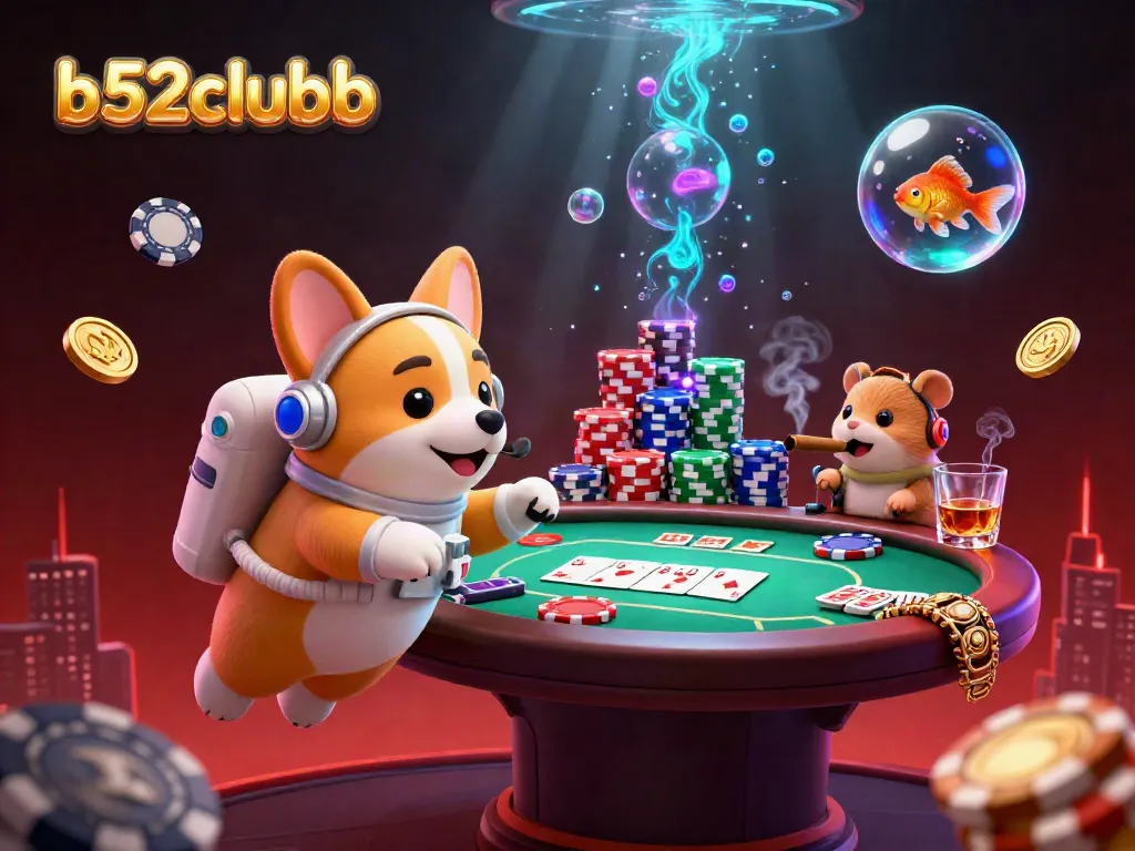 Engage with b52clubb in this dynamic illustration featuring a floating corgi and vibrant casino elements.