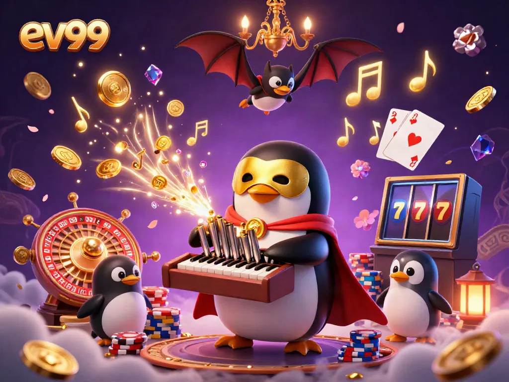 Experience thrilling casino action with ev99 in this vibrant 3D illustration of a penguin organist showering golden coins.