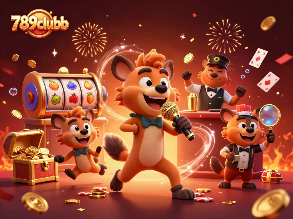 Experience the vibrant scene of 789clubb's comedy casino with hyenas engaging in fun gambling activities.