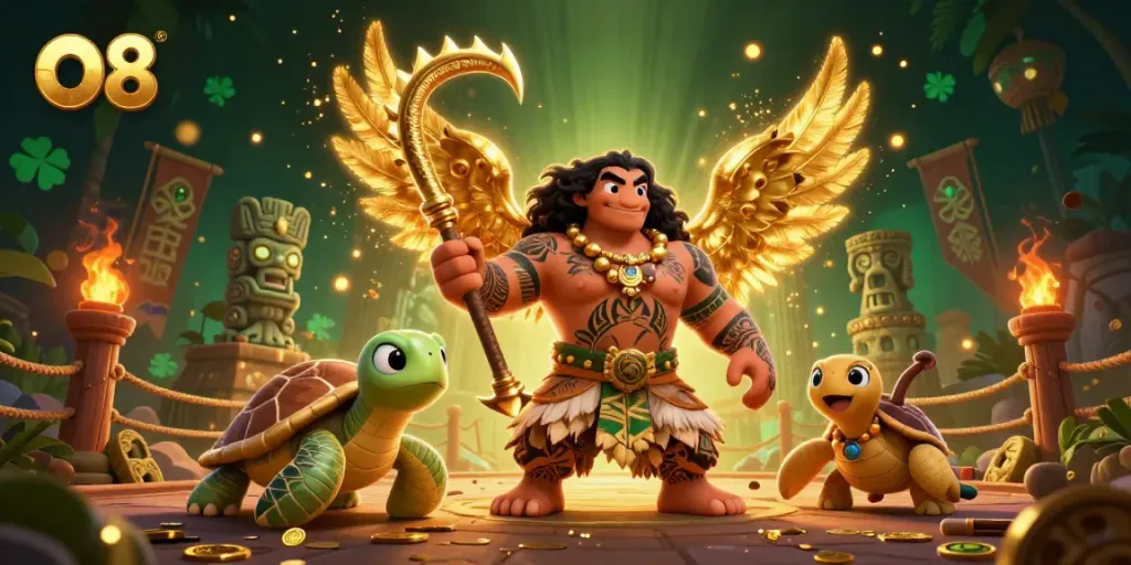 Experience O8 entertainment with a vibrant 3D illustration featuring a demigod, turtle, and glowing tiki elements.