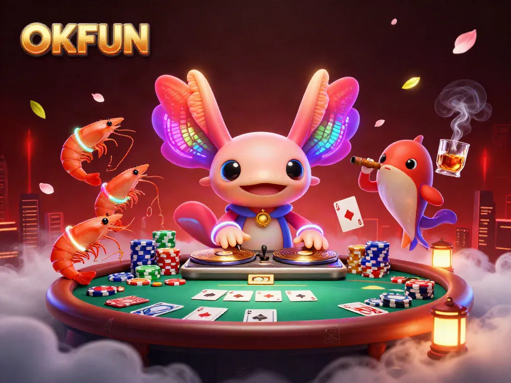 Engage with OKFUN's vibrant casino experience featuring a neon axolotl DJ and poker elements.
