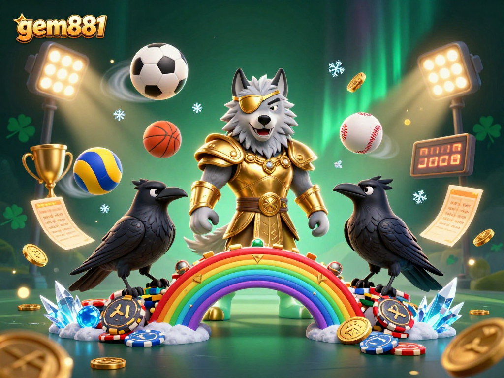 Experience thrilling action with gem881 in this vibrant 3D casino scene featuring Odin and dynamic sports elements.