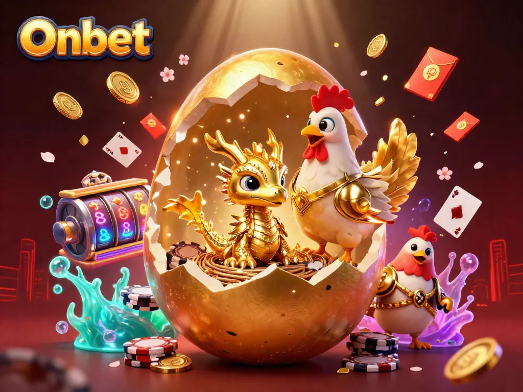 Win exciting prizes on Onbet with a golden dragon emerging from a nest of poker chips amidst casino elements.