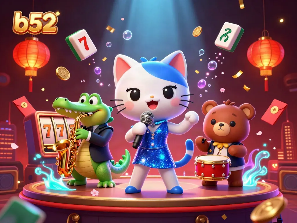 Engage with the vibrant b52 casino scene featuring a jazz-singer cat, saxophone crocodile, and drum-playing bear, amid lively game elements.