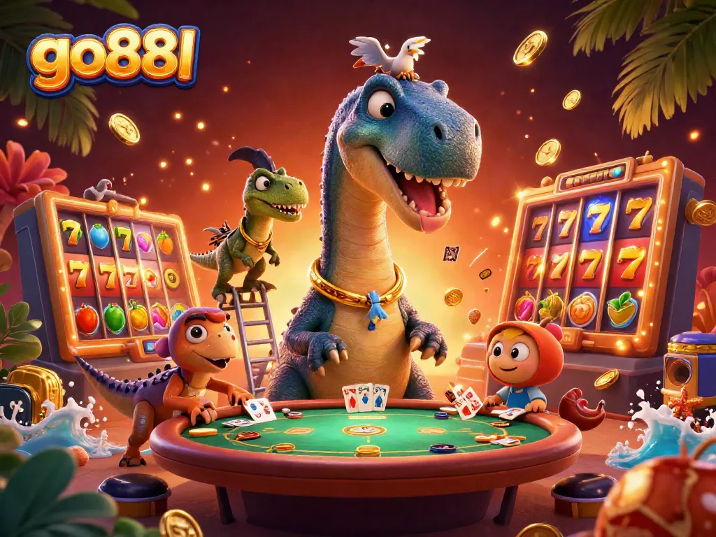 Engage with go88l's vibrant slot games featuring a towering dinosaur and raptor dealer in a lively casino scene.