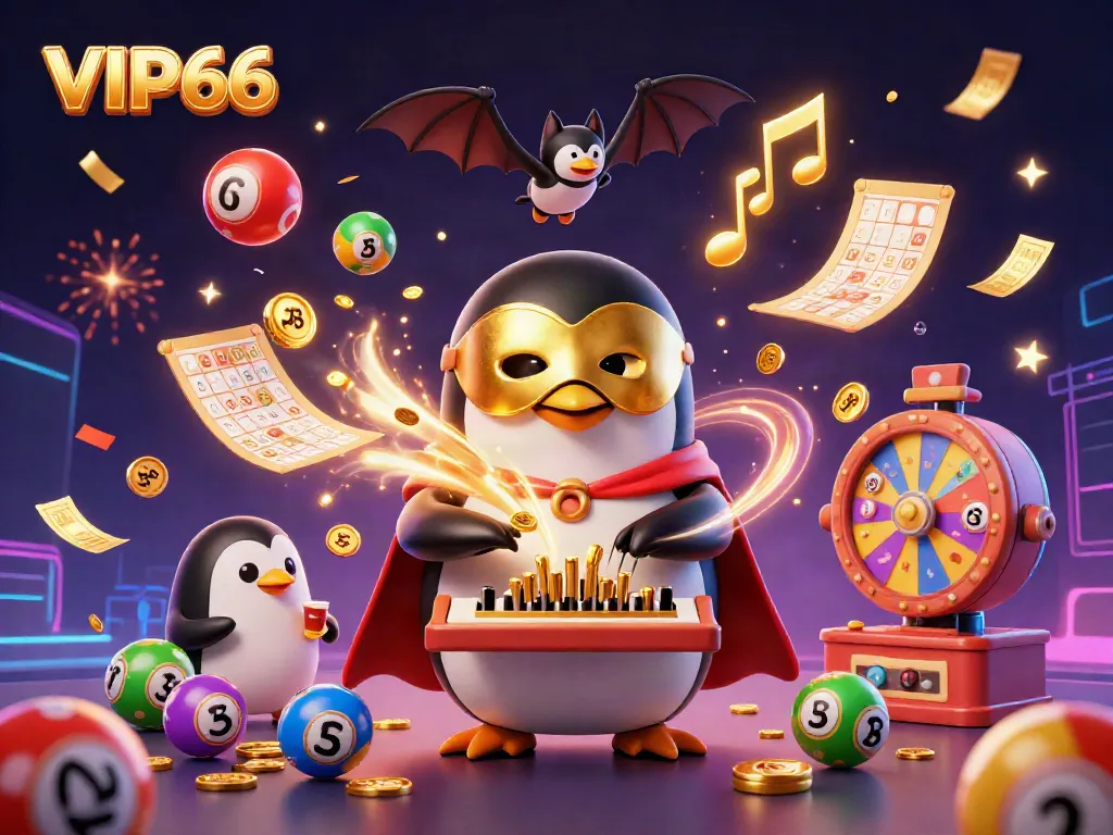 VIP66 features a thrilling 3D scene with a penguin playing an organ shooting golden coins, set in a vibrant digital casino atmosphere.