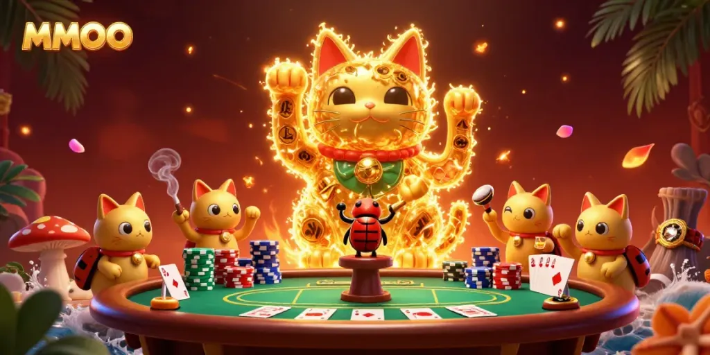 Experience the thrill of MMOO with a vibrant 3D illustration showcasing a lucky cat surrounded by exciting casino elements.