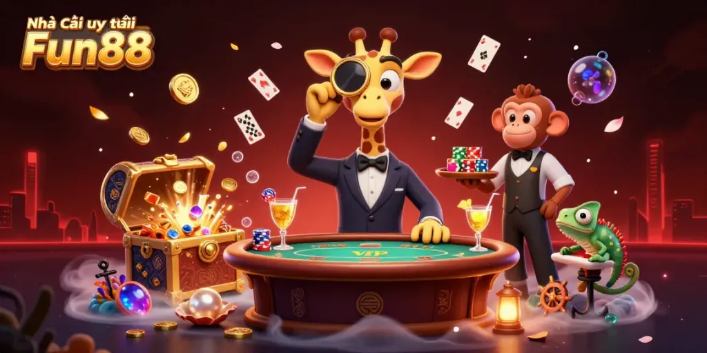 Engage with a rich scene embodying Nhà cái uy tín Fun88 featuring a giraffe, monkey, and chameleon in a vibrant casino setting.