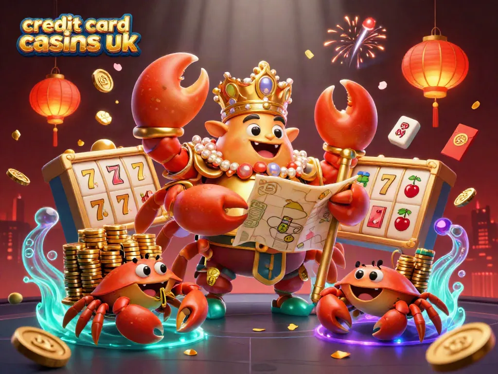 Experience the excitement of credit card casinos UK with a vibrant 3D scene featuring a golden crab emperor and slot reels.