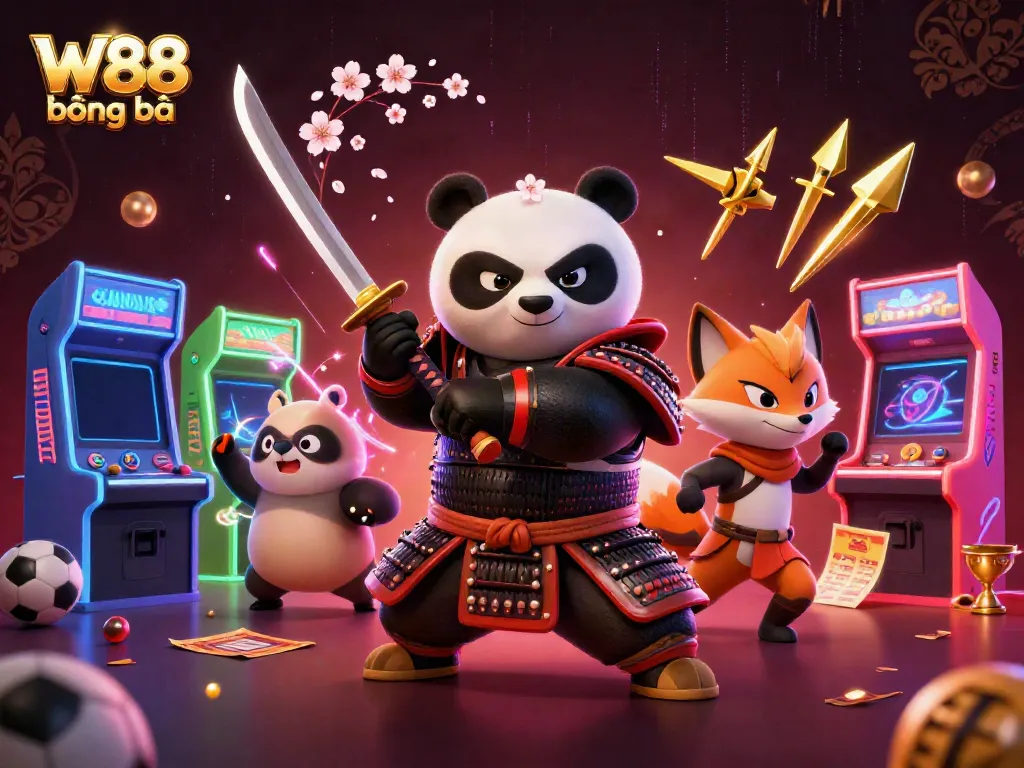 Experience the thrill of W88 bóng đá with a vibrant 3D casino scene featuring samurai panda and ninja fox.