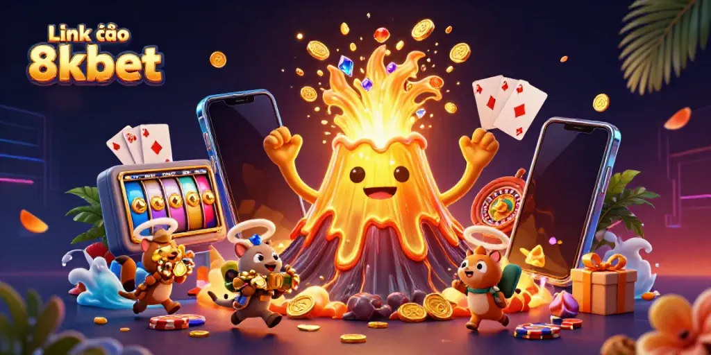 Engage in thrilling gaming with Link vào 8kbet; triumphant volcano and treasure-hunting animals illustrate casino excitement.
