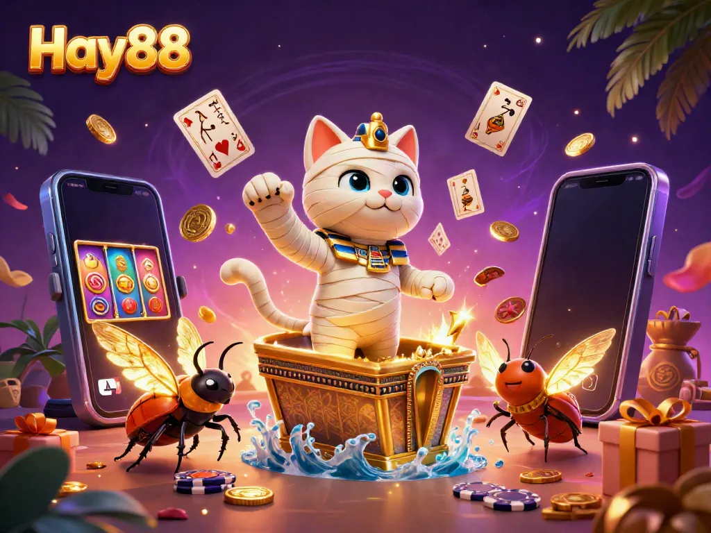 Experience thrilling gaming with Hay88 as a mummy cat bursts from a golden sarcophagus in a vibrant casino scene.