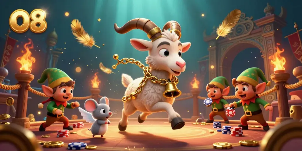 O8 casino features a whimsical 3D cartoon Krampus goat in chains, regulating playful elf gremlins and activities.