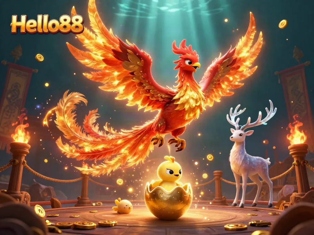 Engage in exciting gaming adventures with Hello88's vibrant 3D fantasy illustration featuring dynamic characters and casino elements.