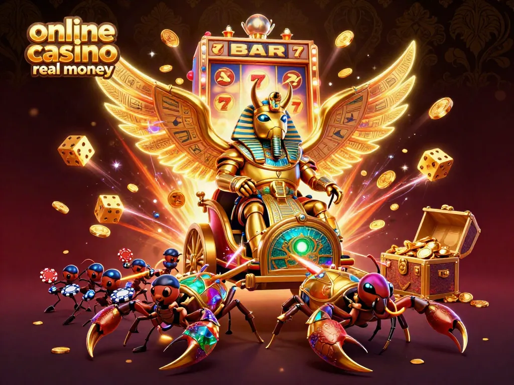Experience thrilling moments at an online casino real money scene featuring a golden scarab beetle and jackpot elements.