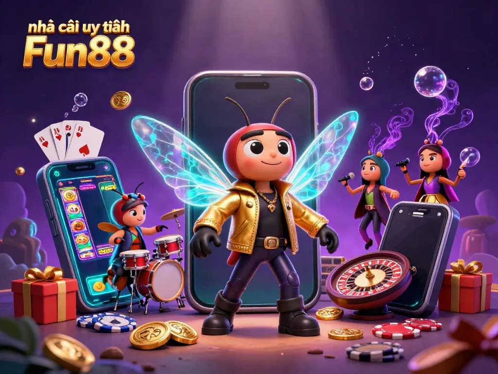 Engage with Nhà cái uy tín Fun88 through this vibrant casino-themed artwork showcasing dynamic characters and gaming elements.