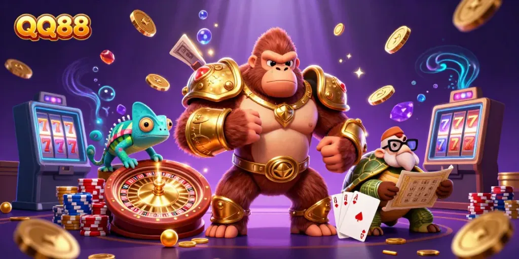Experience the excitement of QQ88 with a powerful gorilla king and magical casino elements.