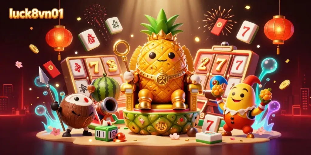 Experience excitement with the luck8vn01 golden pineapple king in a vibrant casino scene filled with festive symbols.
