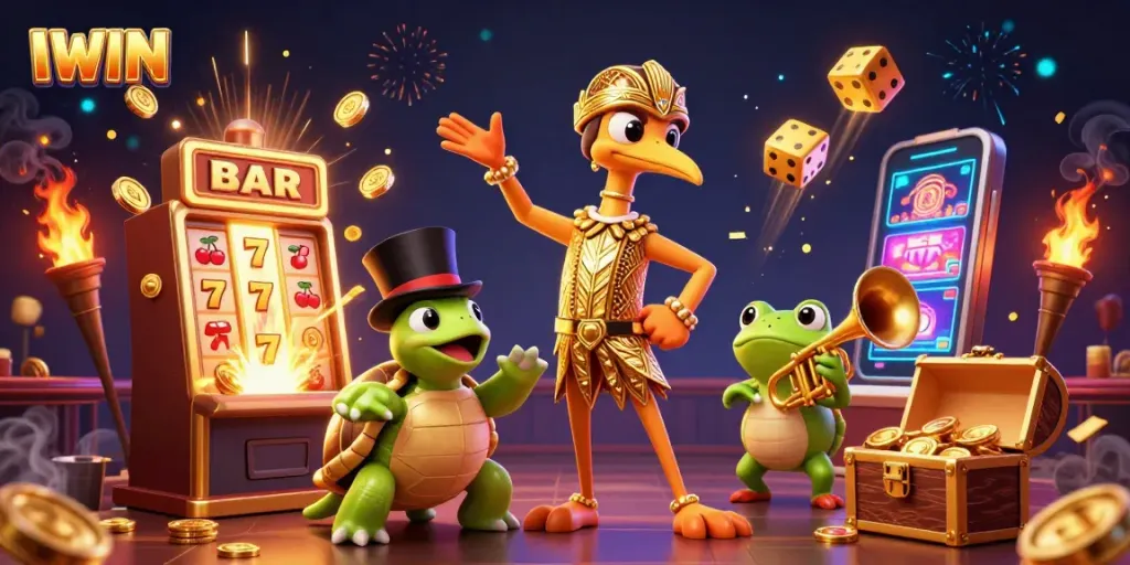 Play IWIN with excitement amidst a lively casino scene featuring quirky characters and vibrant games.