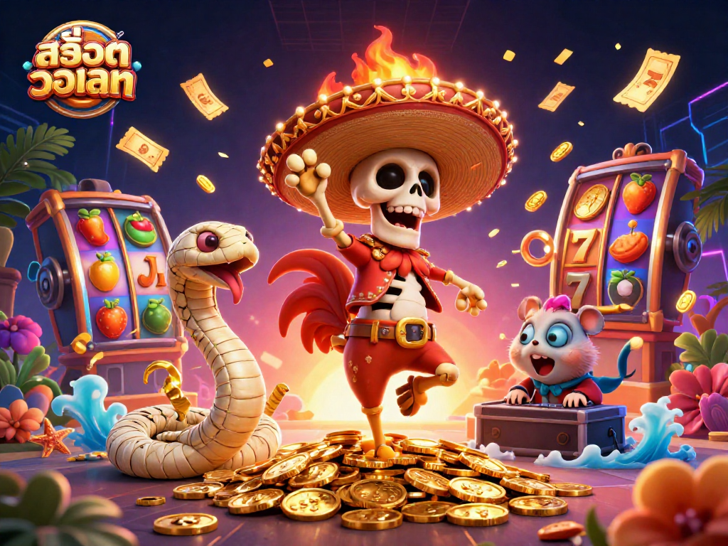 Experience winning at สล็อตวอเลท with a vibrant scene featuring a victory-dancing rooster and dynamic slot elements.