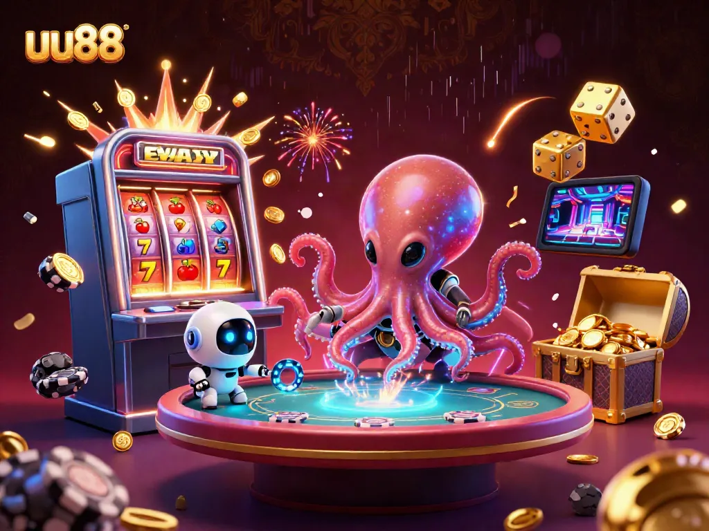 Engage with the thrilling world of uu88, where a cartoon alien octopus operates a floating poker table in a vibrant casino scene.