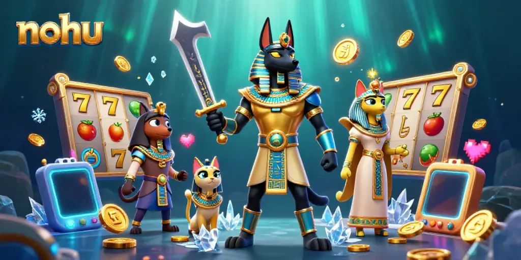 Experience the thrills of nohu gaming with vibrant slot reels and ancient Egyptian themes in a dynamic scene.