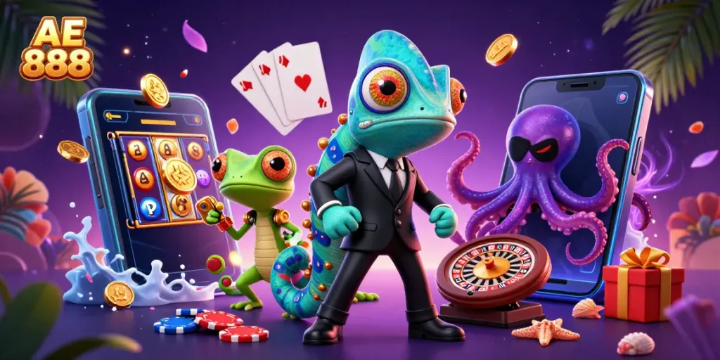 Spin the reels with AE 888, where a playful chameleon, tech-savvy gecko, and a sly octopus create a vibrant gaming atmosphere.