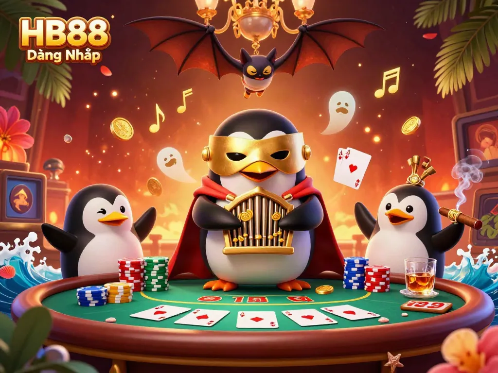 Experience the excitement of HB88 Đăng Nhập with a charming penguin playing a pipe organ shooting coins amid vibrant casino elements.
