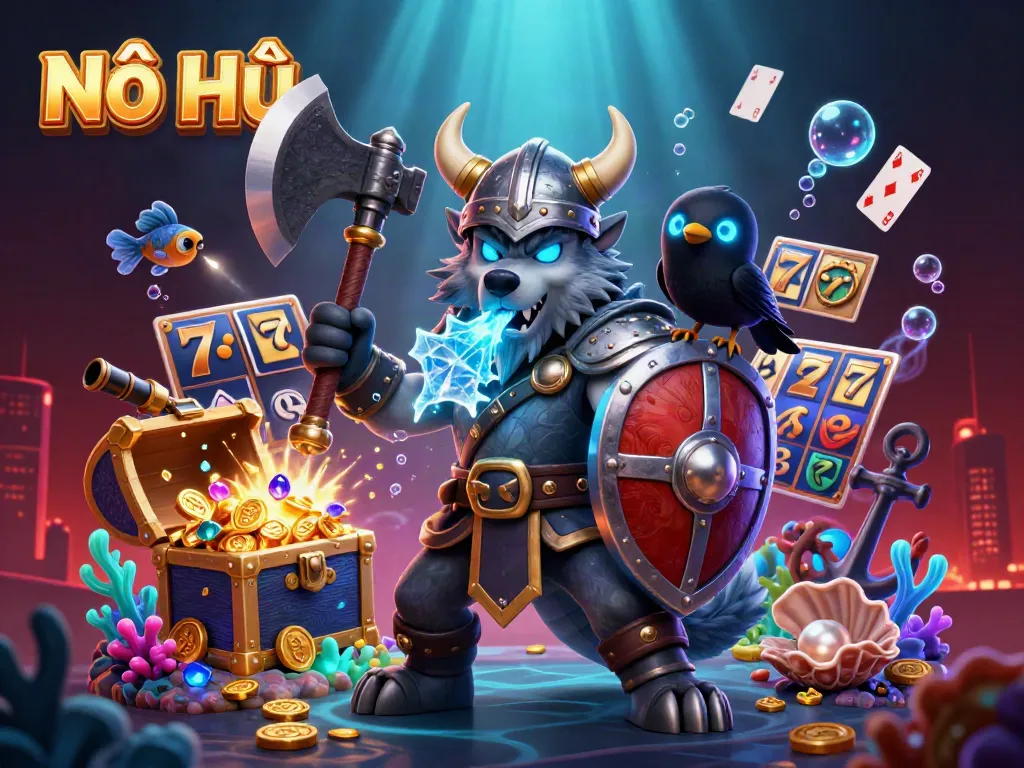 Nổ Hũ showcases thrilling slots with a Viking wolf warrior, dragon, and bioluminescent treasures.