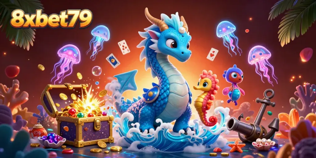 Experience thrilling adventures at 8xbet79, where an azure dragon and knight dive into underwater treasures.